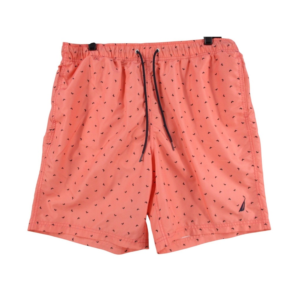 Nautica Mens Coral Pink Bird Print Swim Trunks Drawstring Mesh Lined Size Large